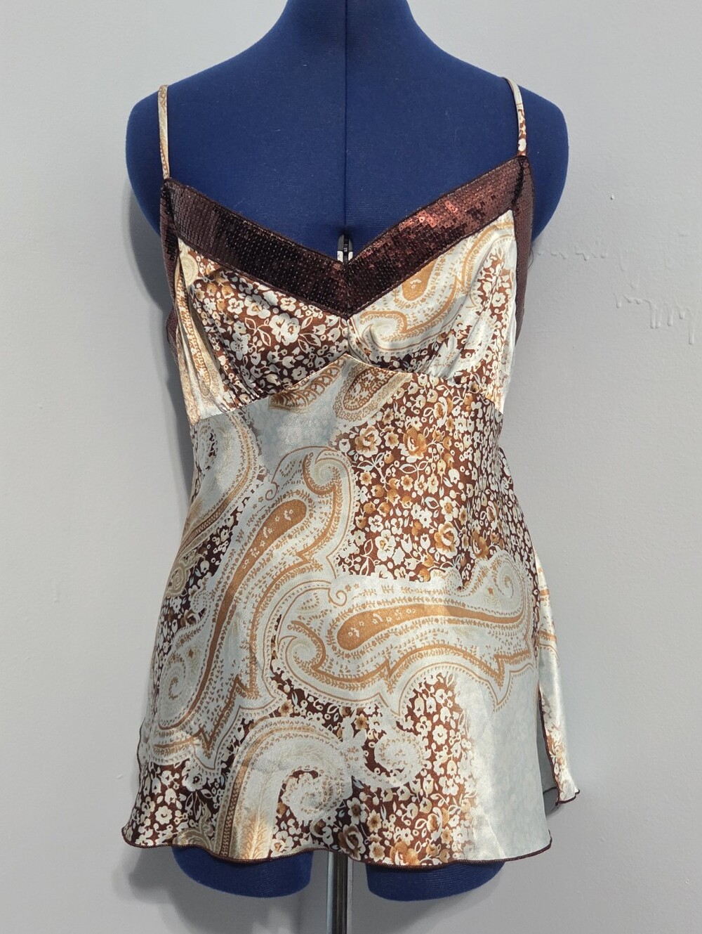 Vintage 90s Blue Paisley Satin Sequin Tie-Back Babydoll Cami Size XL